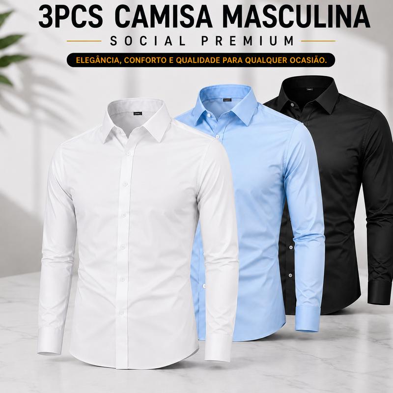 Kit 3 Camisas Sociais Masculinas Slim Fit