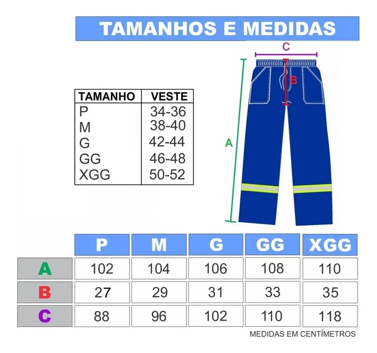 Tabela de tamanhos e medidas